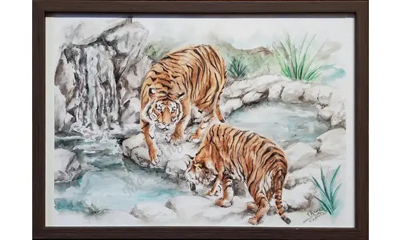 TIGRES SE DESALTÉRANT - Original